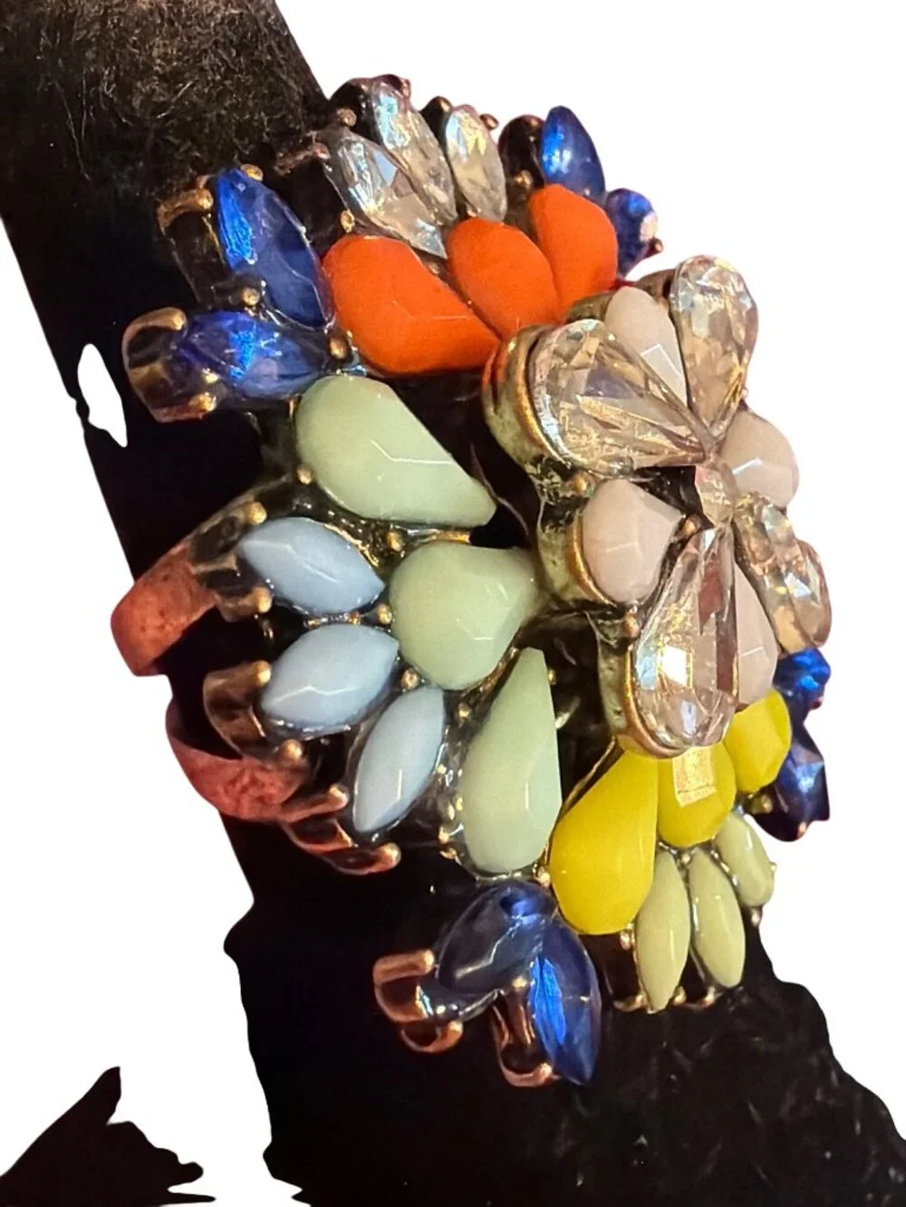 Colorful Statement Flower Ring Antique Gold Tone Cluster Rhinestone Sz 7 Cluster